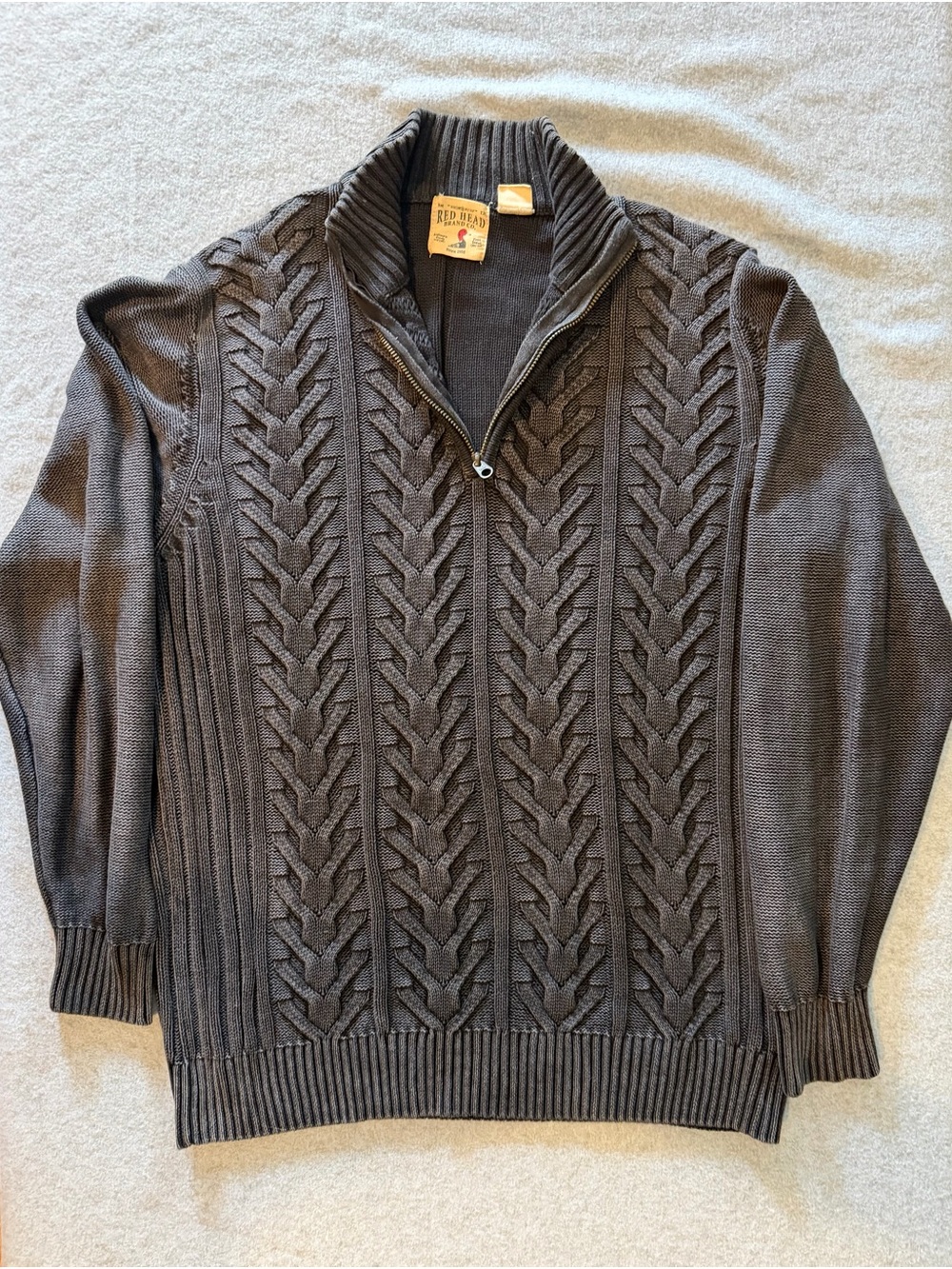 RedHead Men's Charcoal Gray Cable-Knit 1/4 Zip Mock Neck Grandpacore Sweater L